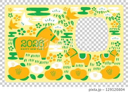 2026年のシンプルな午年の北欧風和モダンかわいい年賀状_馬と和風なあしらい飾り_写真フレームつき 129120804