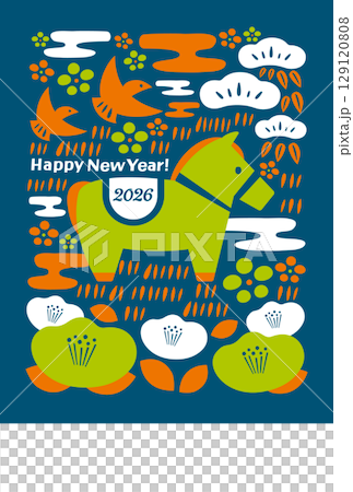 簡單2026年北歐風格日式現代可愛時尚新年賀卡_馬和日式裝飾_藍色 129120808