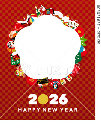 2026年午年 お正月や年賀状に最適な馬と縁起物のカラフルでポップな模様和柄背景イラストフレーム 129120809