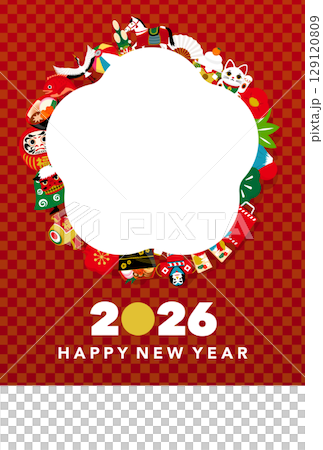 2026年午年 お正月や年賀状に最適な馬と縁起物のカラフルでポップな模様和柄背景イラストフレーム 129120809