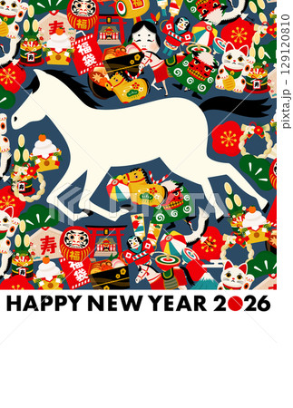 2026年午年 お正月や年賀状に最適な馬と縁起物のカラフルでポップな模様背景和風イラスト_青 2026年午年 お正月や年賀状に最適な馬と縁起物のカラフルでポップな模様背景和風イラスト_青 129120810