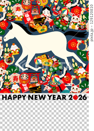 2026年午年 お正月や年賀状に最適な馬と縁起物のカラフルでポップな模様背景和風イラスト_青 2026年午年 お正月や年賀状に最適な馬と縁起物のカラフルでポップな模様背景和風イラスト_青 129120810
