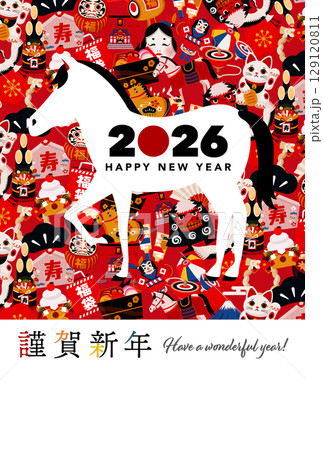 2026年午年 お正月や年賀状に最適な馬と縁起物のカラフルでポップな模様背景和風イラスト_赤 129120811