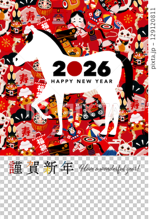 2026 馬年色彩繽紛、流行的馬匹和吉祥物品圖案背景，非常適合新年和新年賀卡。日式插圖，紅色。 129120811