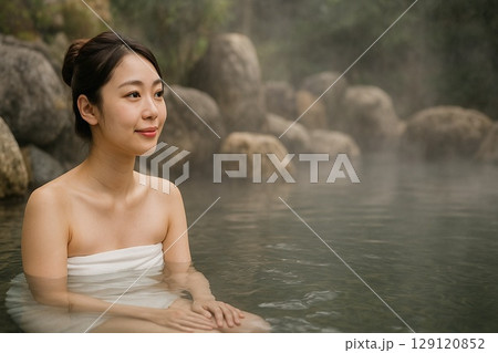 温泉でくつろぐ女性 – Woman relaxing in a natural hot spring 129120852