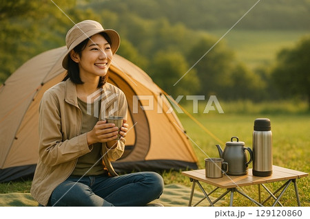 キャンプ場でリラックスする女性 – Woman relaxing at campsite 129120860