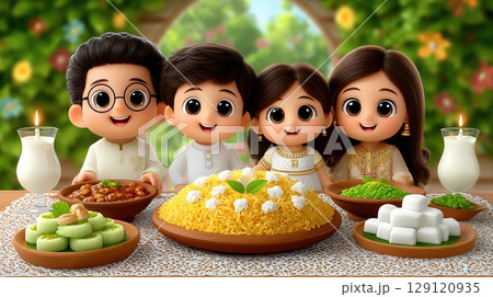 Indian family enjoying a festive meal on Independence Day, filled with joy and cultural pride. 129120935