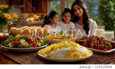 A family celebrates Indian Independence Day with a delicious meal. 129120936