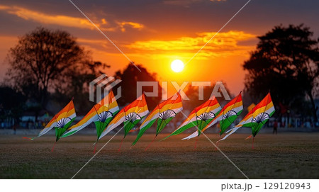 Kites with the Indian flag colors fly high during a beautiful sunset on Independence Day. 129120943
