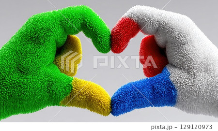 Hands shaped into a heart, displaying the vibrant colors of the Indian flag in a show of love and unity. 129120973