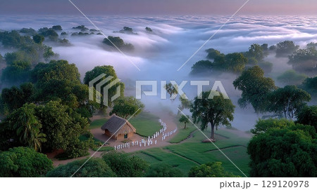 A breathtaking aerial view of an Indian village shrouded in mist, celebrating Independence Day with its people. 129120978