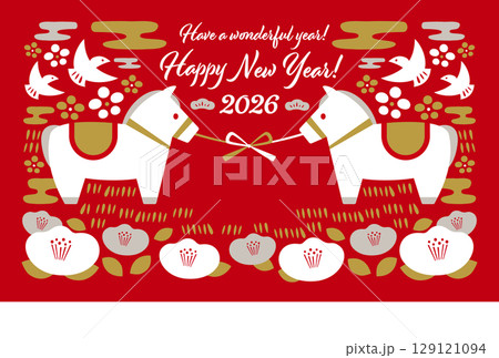 2026年のシンプルな午年の北欧風和モダンおしゃれな年賀状_馬と和風なあしらいや水引の飾り_赤背景 129121094