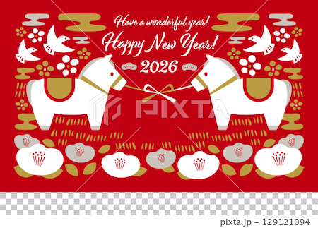 2026年のシンプルな午年の北欧風和モダンおしゃれな年賀状_馬と和風なあしらいや水引の飾り_赤背景 129121094