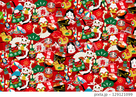 2026年午年 お正月や年賀状に最適な馬と縁起物のカラフルでポップな模様和柄背景 129121099