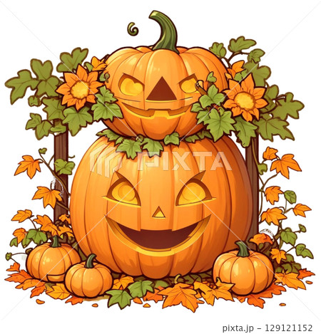 ハロウィンかぼちゃと紅葉 129121152