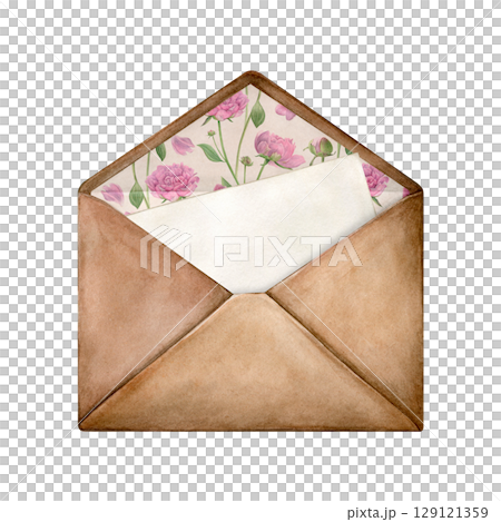 Hand painted watercolor craft envelope with letter. Good for postcards, invitations, greeting cards, wallpaper, textiles Hand painted watercolor craft envelope with letter. Good for postcards, invitations, greeting cards, wallpaper, textiles 129121359