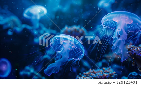 Graceful jellyfish swim in a vibrant underwater scene 129121401