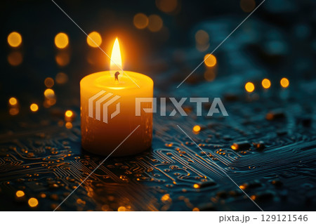 Lit Candle on Microchip Circuit Board. Technology Innovation , Digital Future . 129121546
