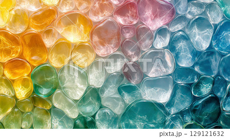 Smooth glass pebbles in various colors, colored stones, colorful glass beads. 129121632
