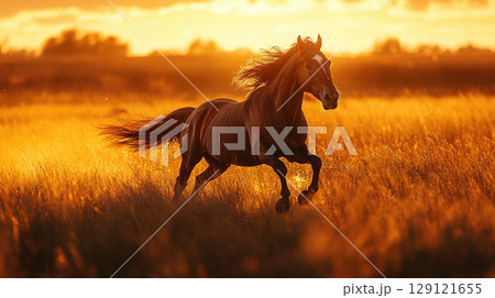 A brown horse gallop against a dramatic sunset or sunrise, captures the spirit of freedom and wilderness. A brown horse gallop against a dramatic sunset or sunrise, captures the spirit of freedom and wilderness. 129121655
