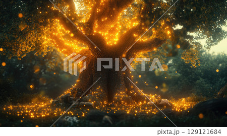 Tree of life or meditation relaxation concept with glowing golden fireflies in mystical fantasy forest. Tree of life or meditation relaxation concept with glowing golden fireflies in mystical fantasy forest. 129121684