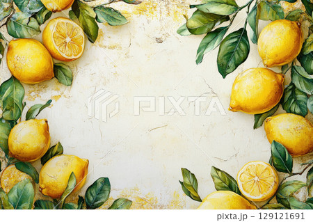 Illustration of branches with leaves and juicy lemon fruits, copy space. 129121691