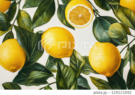 Illustration of branches with leaves and juicy lemon fruits. 129121692