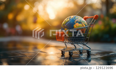 A miniature shopping cart with a globe inside, representing the global economy and consumerism. 129121696