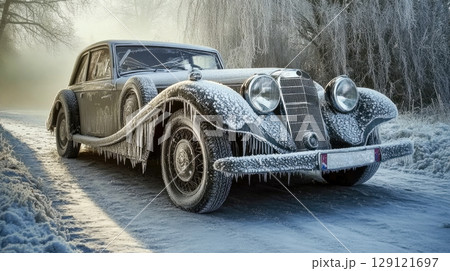 A retro car frozen in ice on a cold winter landscape. 129121697