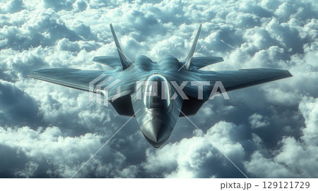 Close-up view on supersonic fighter jet above the clouds. 129121729