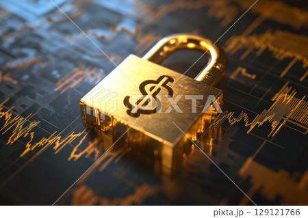 Golden padlock with a dollar icon. Concept for economic strength and money protection. 129121766