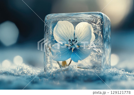 A crystal flower growing inside an ice cube. A crystal flower growing inside an ice cube. 129121778