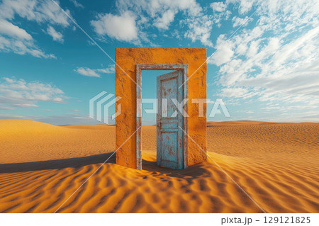 Opened door on desert. Freedom and start up concept. 129121825