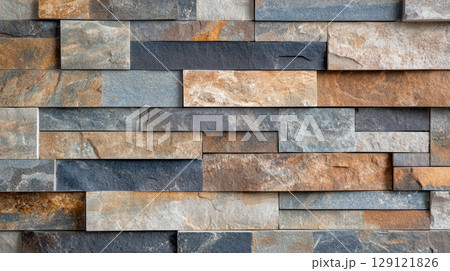 Stone coating wall made of striped stacked bricks of natural rocks. External wall covering, background and texture. 129121826