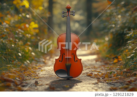 A beautiful violin musical instrument standing on a path in autumn forest. 129121829