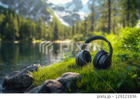Wireless stereo headphones lying on a grass near the river. Concept of nature and technology. 129121836