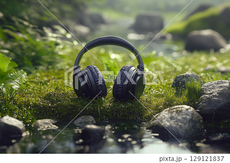 Wireless stereo headphones lying on a grass. Concept of nature and technology. 129121837