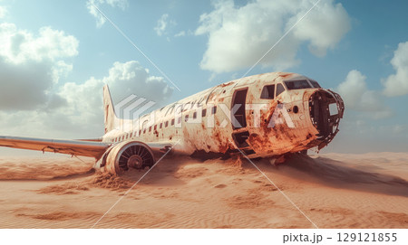 Old airplane wreck buried deep in a desert dunes. 129121855