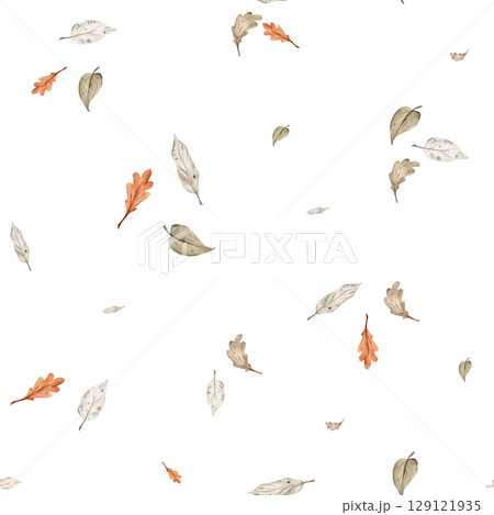 Autumn leaves watercolor seamless Pattern. Illustration of ornament with of plants and branches on isolated background for wrapping paper or textile design. Minimalism drawing for wallpaper Autumn leaves watercolor seamless Pattern. Illustration of ornament with of plants and branches on isolated background for wrapping paper or textile design. Minimalism drawing for wallpaper 129121935