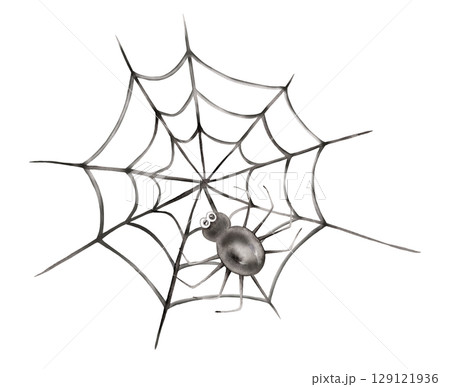 Halloween cute black spider web with spider. Hand drawn watercolor illustration for kids. Perfect for decorations, cards, and crafts to celebrate the spooky season with a fun and friendly touch. Halloween cute black spider web with spider. Hand drawn watercolor illustration for kids. Perfect for decorations, cards, and crafts to celebrate the spooky season with a fun and friendly touch. 129121936