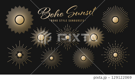 Vintage golden sunburst, sunset beams collection. Boho style, modern minimalist bohemian design. Hand drawn bursting sun, light rays. Logotype or lettering retro design element. Vector illustration Vintage golden sunburst, sunset beams collection. Boho style, modern minimalist bohemian design. Hand drawn bursting sun, light rays. Logotype or lettering retro design element. Vector illustration 129122069