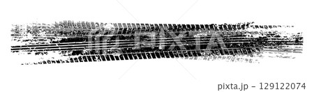 Grunge tire tracks with mud splatters, dirty wheel braking marks. Truck, car, or motorcycle tread pattern silhouettes. Perfect for off-road, motorsport, and racing designs. Vector illustration 129122074