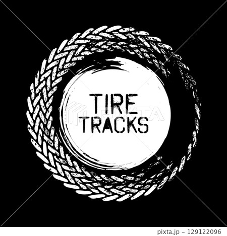 Grunge circle tire track, wheel braking mark. Truck, car or motorcycle tread pattern silhouettes. Auto race, motorsport, speed racing design element. Vector illustration 129122096
