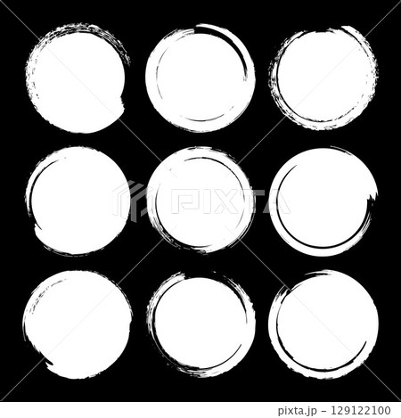Grunge circles, brush strokes, lines, ink smudges, hand-drawn scribble shapes. Handmade sketchy marks, acrylic stains, charcoal streaks. Paint textures, dry brush effect. Vector illustration 129122100