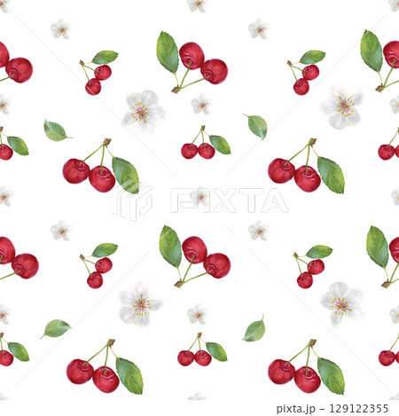 Seamless pattern with burgundy cherry, white flower and green leaf. Hand drawn in watercolor. 129122355