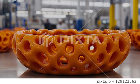 Orange plastic cylindrical candle holder on table in industrial factory setting with soft lighting   129122362