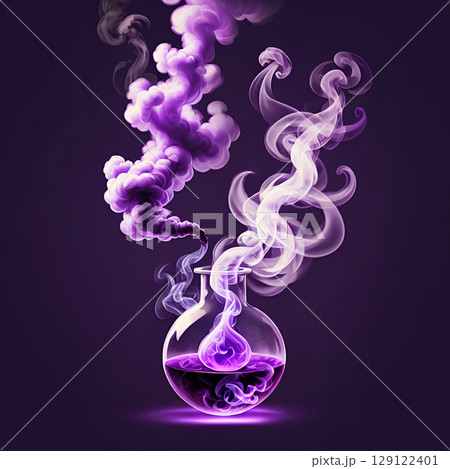 Mysterious purple potion swirling with smoke, perfect for fantasy, science, or cosmetic branding and advertising needs 129122401