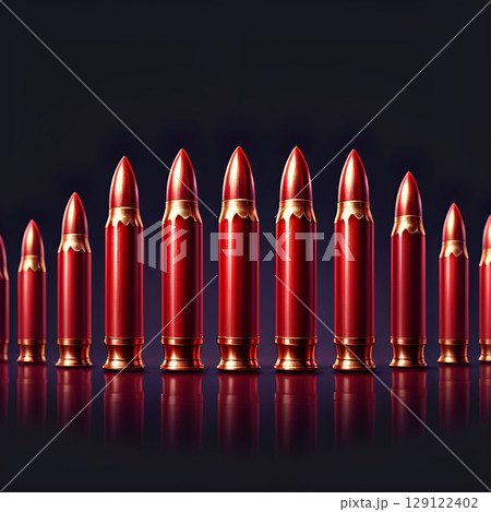 Elegant red and gold bullets arranged in a row, perfect for concepts of power, precision, and security, ideal for design projects. 129122402