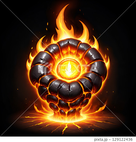 Intense fiery orb emanating light and heat, a visual metaphor for power, energy, and elemental magic in a dark fantasy setting 129122436