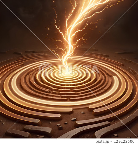 Harnessing power lightning strikes illuminating golden maze, symbolizing innovation and energy solutions for your next project or campaign 129122500